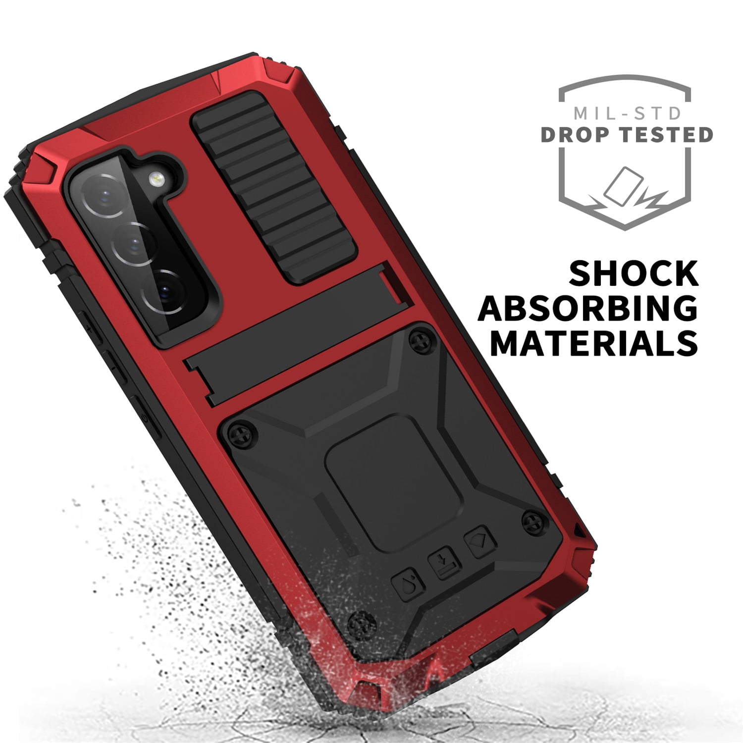 ELEHOLD for Samsung Galaxy S23 Plus 6.6" Case, Heavy Duty Armor Built-in Explosion-Proof Tempered Glass Screen Protector Wireless Charging Hang Rope Hidden Kickstand Shockproof Rugged Case,Red