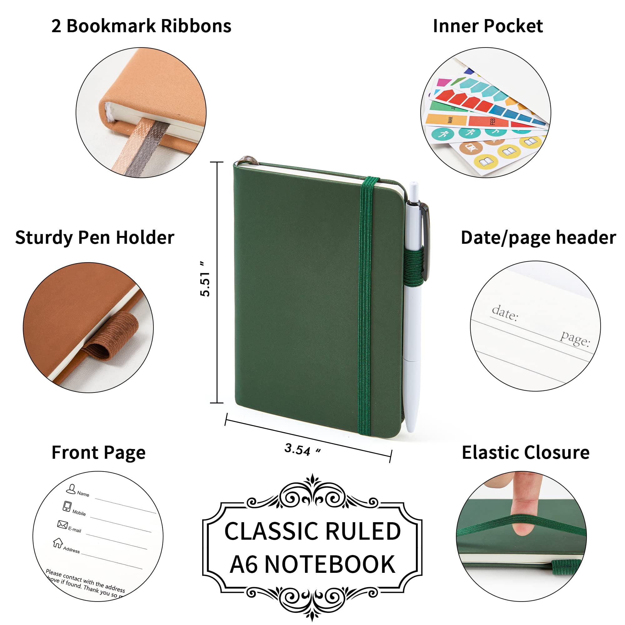 Pocket Notebook Journals  Mini Cute Small Hardcover College Ruled Notepad Office School Supplies With 3 Black Pens 3.5"x 5.5" 3 Pack A6 Vintage Colors