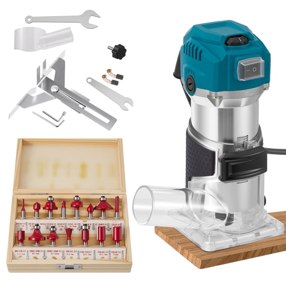 ALILYY Router Tool,110V 800W Compact Wood Router Tool for Woodworking, Electric Hand Trimmer 1/4" Collets,Wood Router Tools Laminate Trimmer 15-Piece Set,Blue