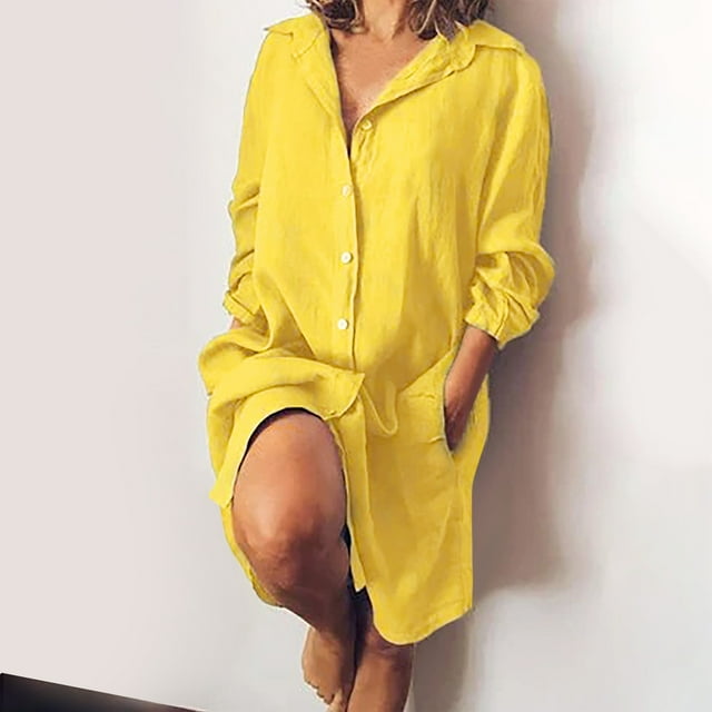 ICHUANYI Clearance Women's Solid Loose Double Pocket Long Sleeve Solid Cotton And Linen Cardigan Dress(Yellow, L) ICHUANYI WER2023081002323