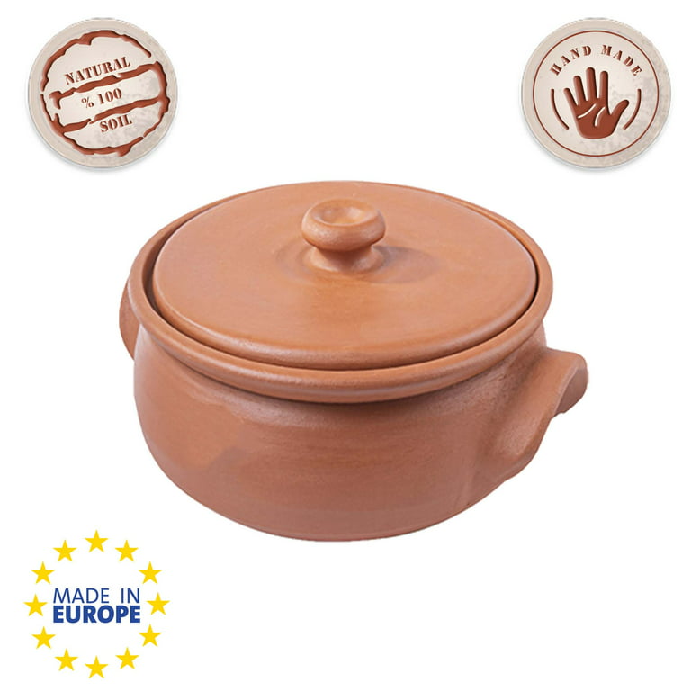 Handmade Clay Pot for Cooking with Lid, Unglazed Earthenware Yogurt Pots, Medium, Brown