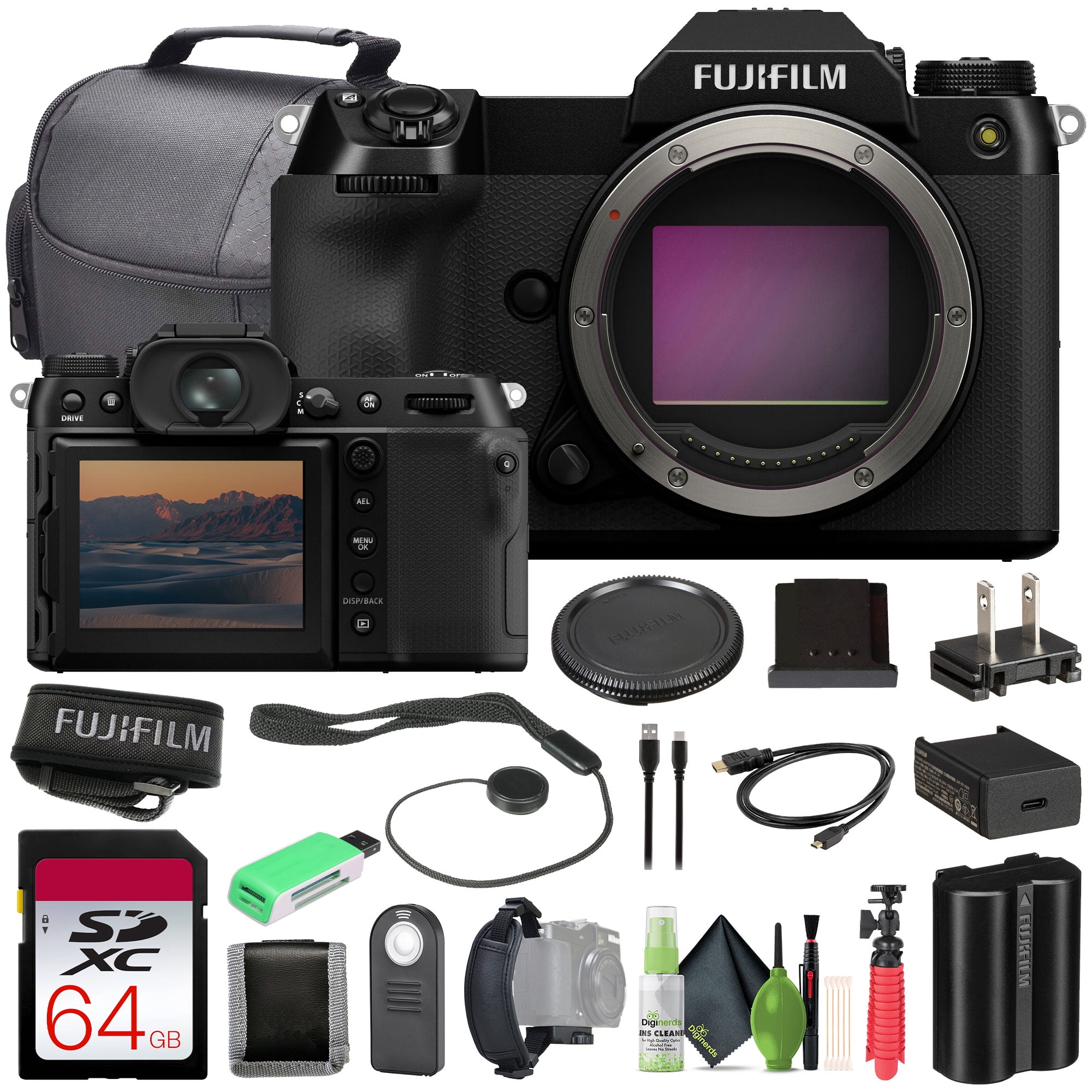 Fujifilm GFX 100S II Mirrorless Medium Format Camera Body Bundle with 64GB Memory Card + Flexible Vlogging Tripod + More Accessories
