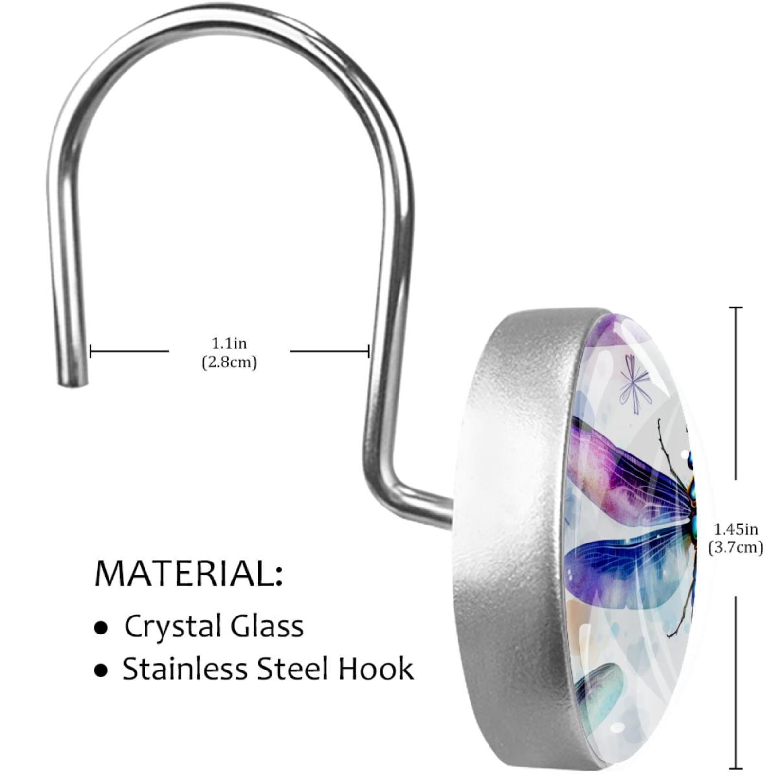 Dragonfly Shower Curtain Hooks （Set of 12） for Home Hotel Shower Rods Bathroom Crystal Glass Print Stainless Steel Round Curtain Hooks
