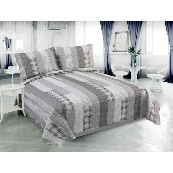 Marina Decoration Rich Printed Embossed Pinsonic Coverlet Bedspread Ultra Soft Bedding Summer Quilt Set with Shams, Modern Grey Striped Pattern