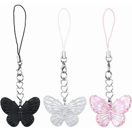 6Pcs 3 Styles Butterfly Phone Charm Strap Acrylic Aesthetic Decorative Cell Phone Chain Lanyard String Accessories for Bag Purse Backpack Airpods Camera Pendants Decor for DIY