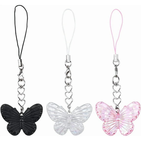 6Pcs 3 Styles Butterfly Phone Charm Strap Acrylic Aesthetic Decorative Cell Phone Chain Lanyard String Accessories