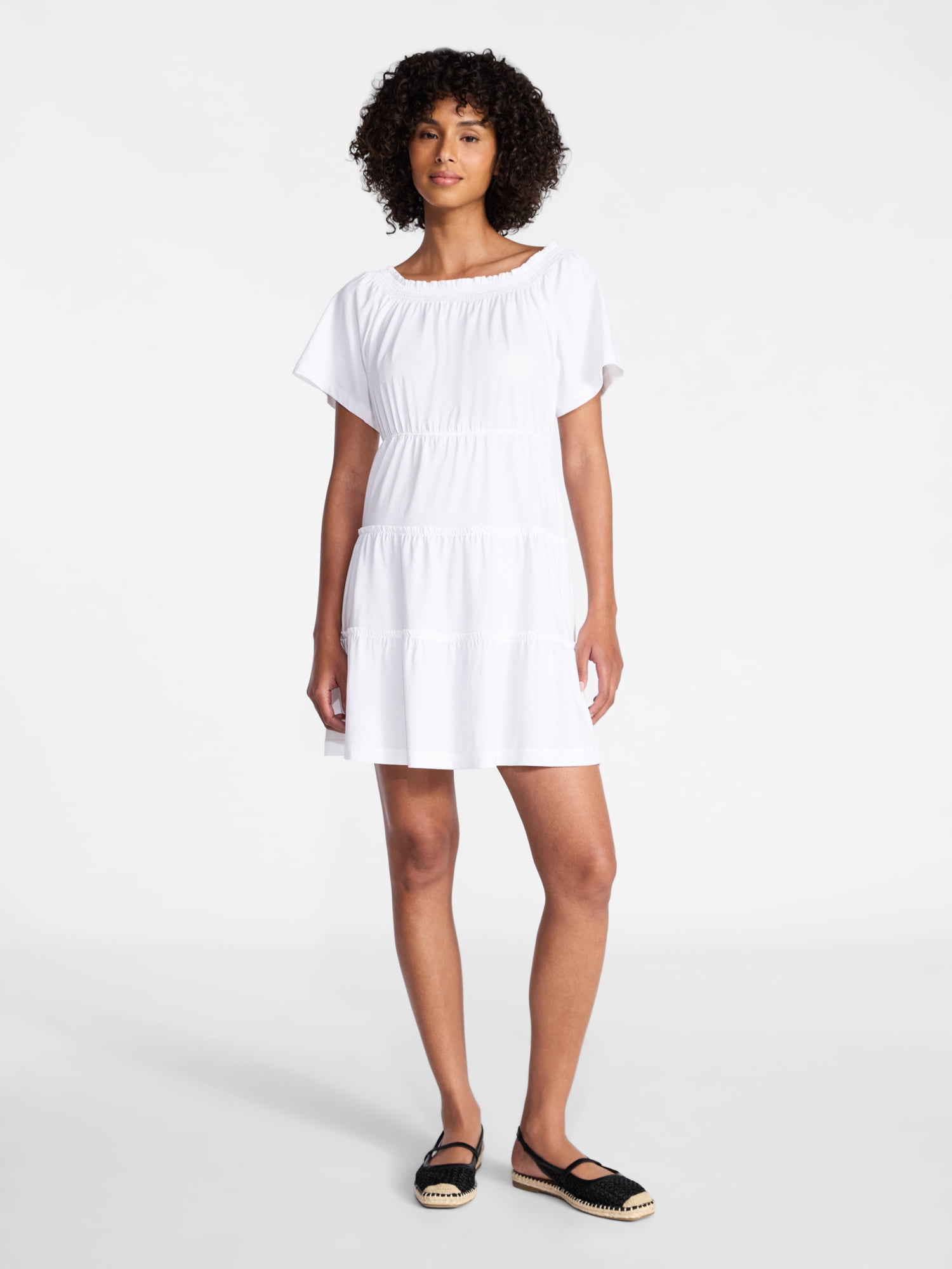 Time and Tru Women's Tiered Cotton Mini Dress with Flutter Sleeves, Sizes XS-XXXL