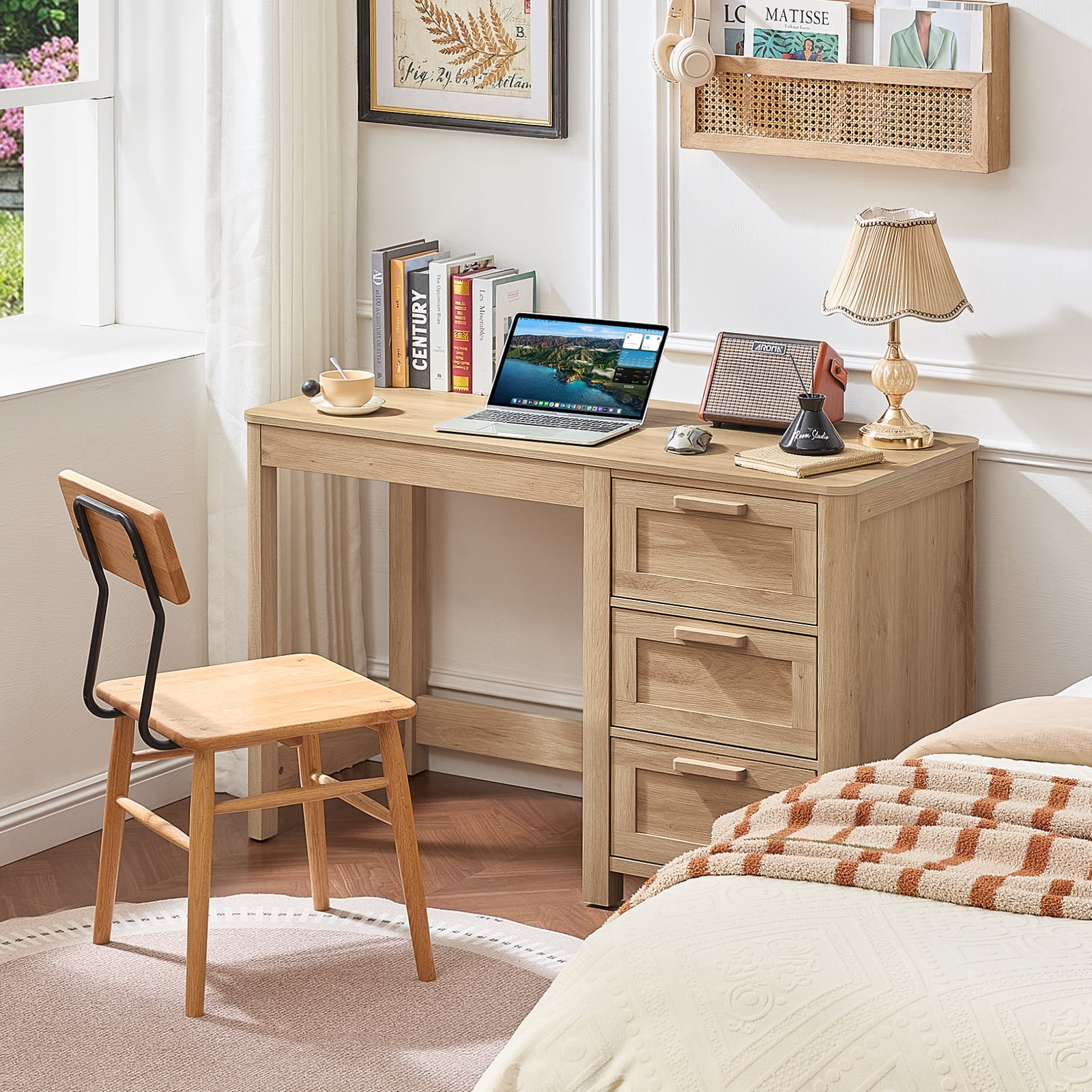 Leyaoyao Home Office Desk 48" Modern Computer Desk Small PC Table with Storage Cabinet, Compact Study Writing Desk for Bedroom, Natural Oak