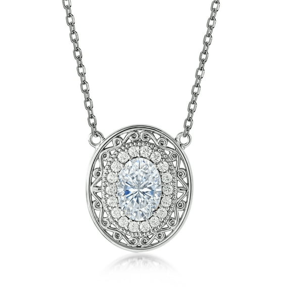 JeenMata 2 Carat Classic Oval Filigree Moissanite Pendant Necklace - in 18K White Gold Plating for Women