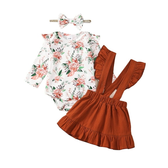 Kucnuzki Newborn Baby Girls Dress Sets Fall Round Necl Long Sleeves Floral Romper Top Suspender Dress with Headband 3pcs Outfits Autumn Red 6-12 Months