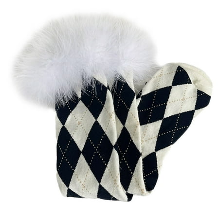 

Japanese Women Student Furry Feather Trim Knee High Socks College Style Argyle Diamond Plaid Pattern Lolita Kawaii Christmas Warm Stockings Hosiery