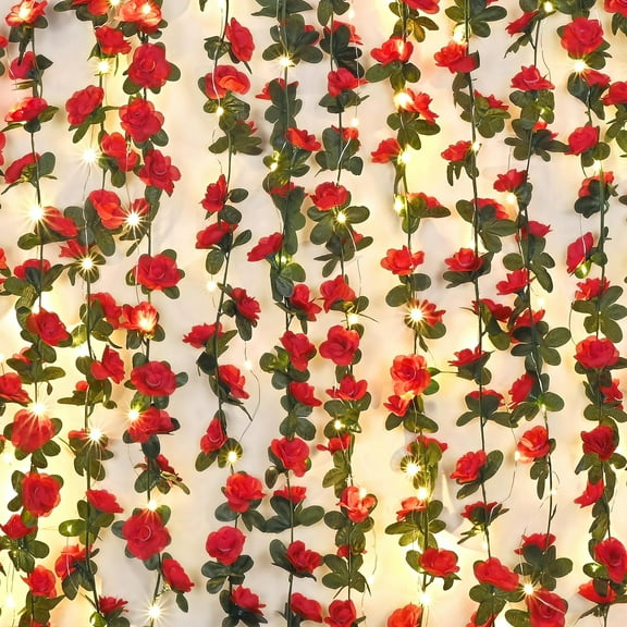 Flower Garland Rose Vines, 5 Strands Ft Flowers Vines for Bedroom with 33 Ft/LED String Lights, Rose Flower Garland Decoration, Rose Floral Garland for Room Table Wedding Decor