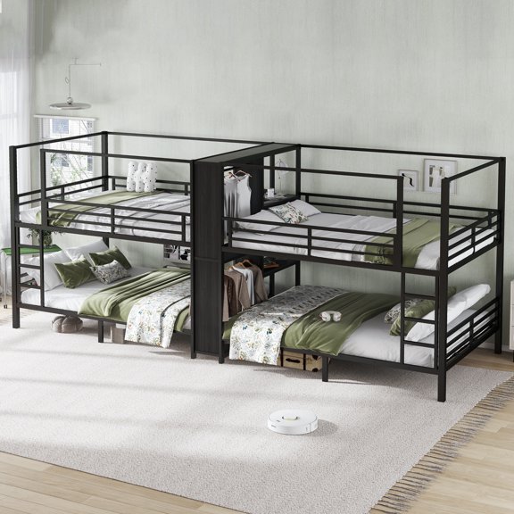 Queen size Quadruple Bunk Bed For 4 Adults，Heavy-Duty Metal Bed Frame with Built-in Storage Shelves & Wardrobe，Space-Saving Design
