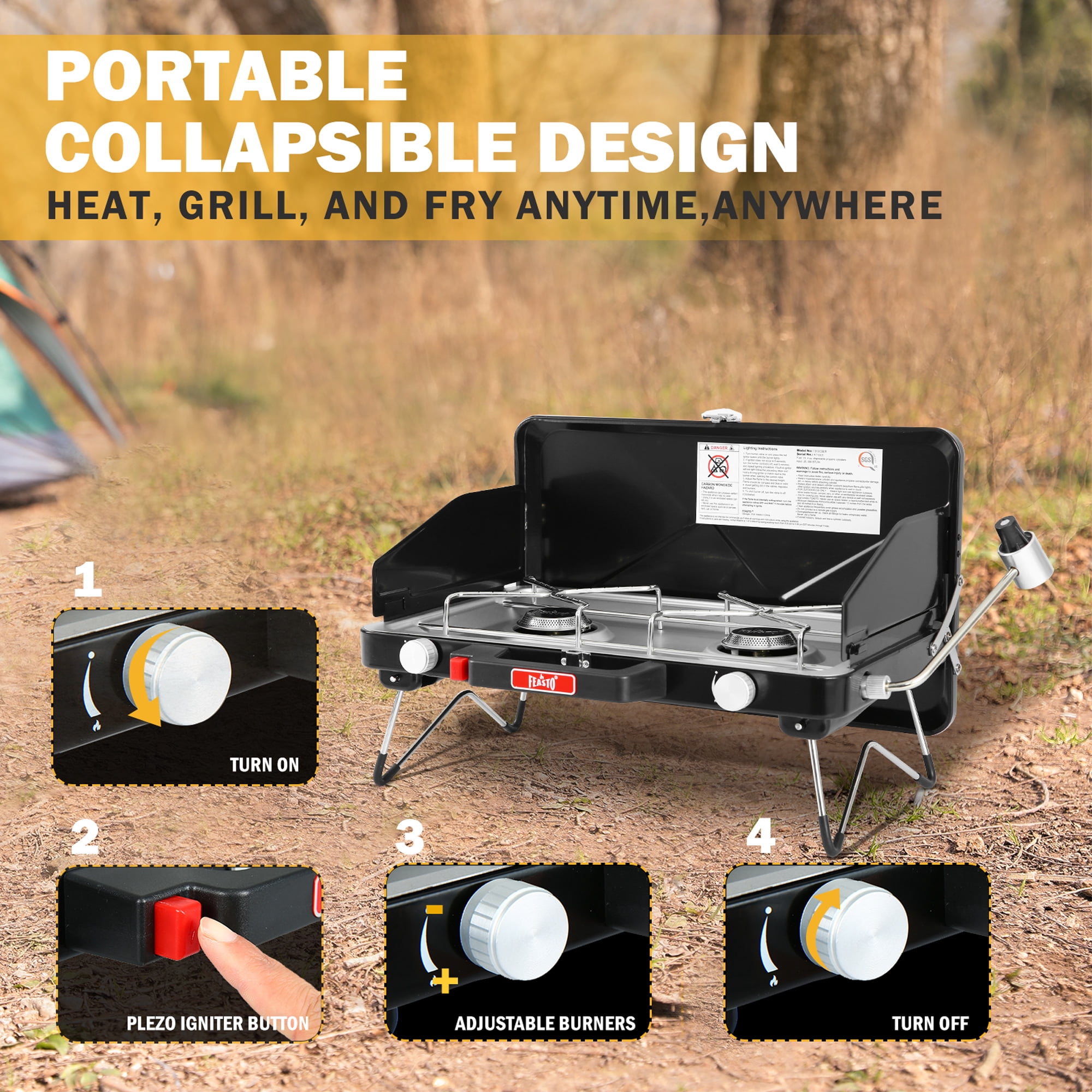 FEASTO Propane Camping Stove, Portable Camping Grill Stove，28,000 BTU Camp Stove