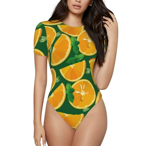 Vsdgher Orange Prinr Short Sleeve Body suit for Womens, Sexy Onesie One Piece Round Neck Bodysuit Shapewear Tummy Control-Small