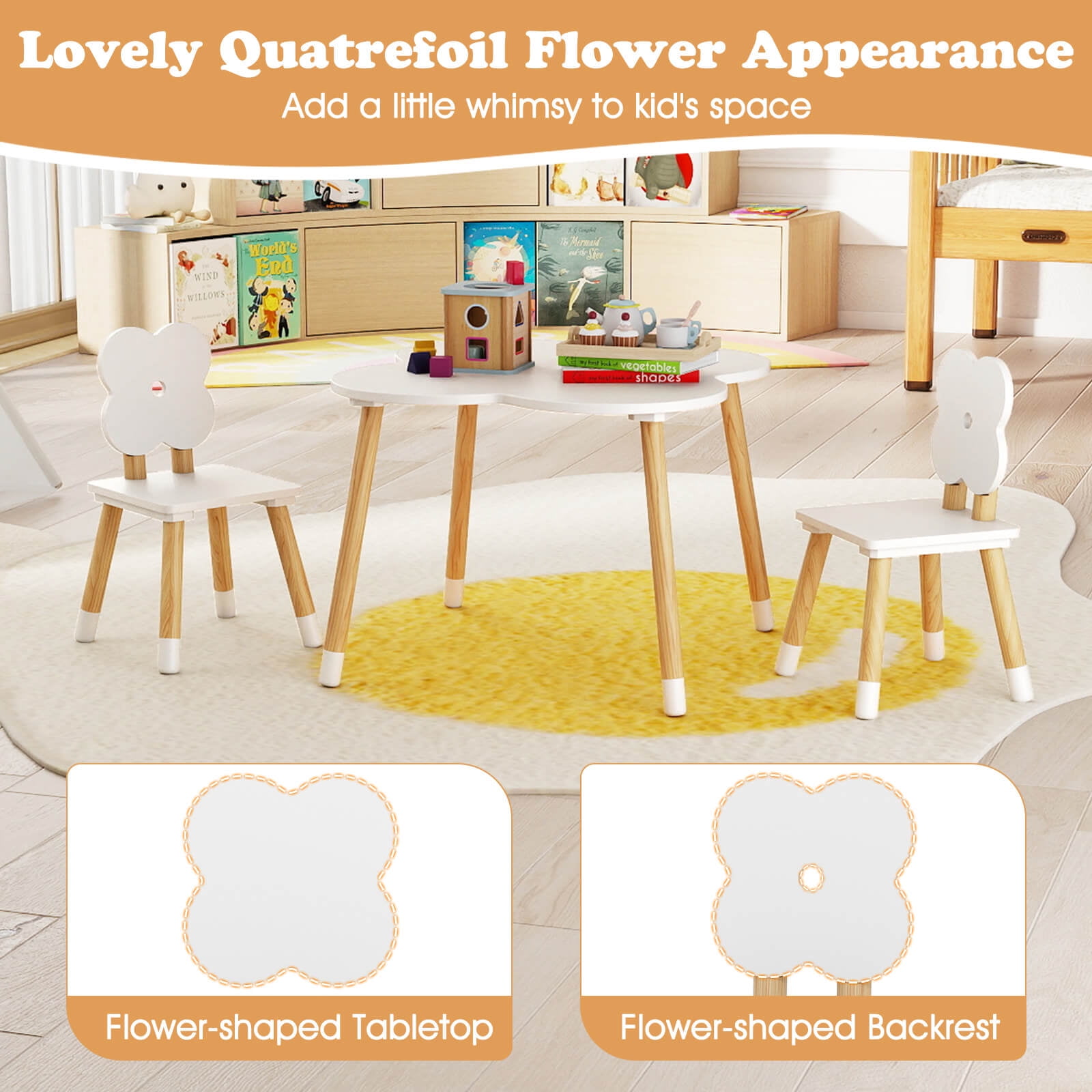 Costway Flower-shaped Kids Table Set with 2 Child-sized Chairs Solid Pine Wood Legs White