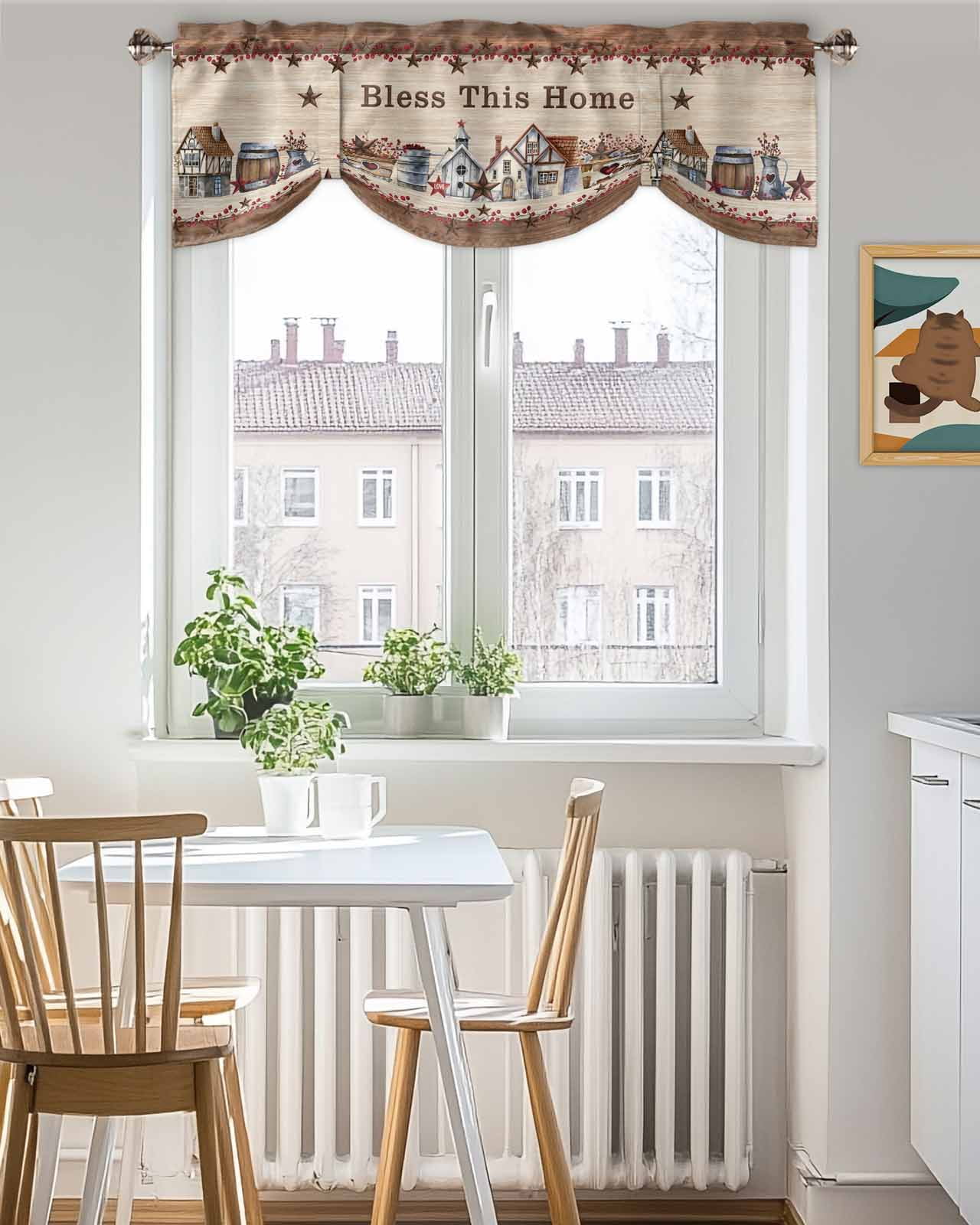 Bless This Tie Up Valances Curtain, Adjustable Kitchen Home Farmhouse Country Star Barn Retro Wood Grain Valances for Windows Decor, Rod Pocket Short Curtains Set for Bedroom/Bathroom, 54"x18"