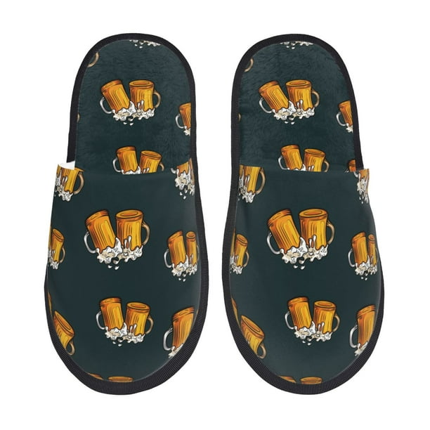 Balery Beer Pantuflas de Casa de Felpa Silenciosas con Diseño Estampado, Zapatillas Cómodas Antideslizantes de Algodón para Interior-Large
