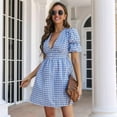 thumbnail image 6 of Women Retro Plaid Print Midi Dress Button Up V Neck Short Sleeve Ruffle Casual Dresses Blue L, 6 of 7
