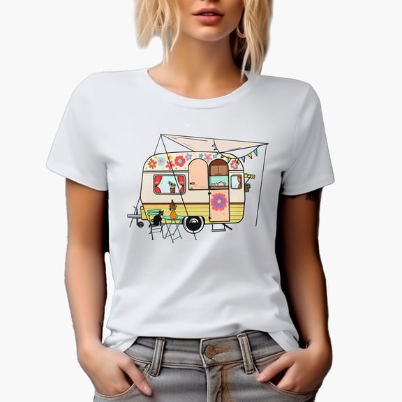 Vintage Camping Trailer with Floral Design & a Cat Art Traveling Themed Merch Gift, White T-Shirt, Small