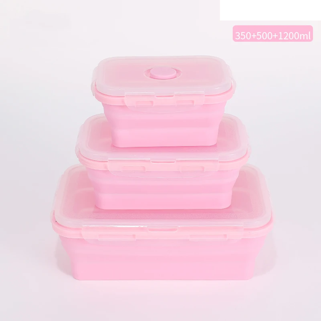 Folding Silicone Lunch Box Portable Bento Box Food Storage Container with Airtight Lids Stackable Food Silicone Container 350ml500ml1200mlPink 1