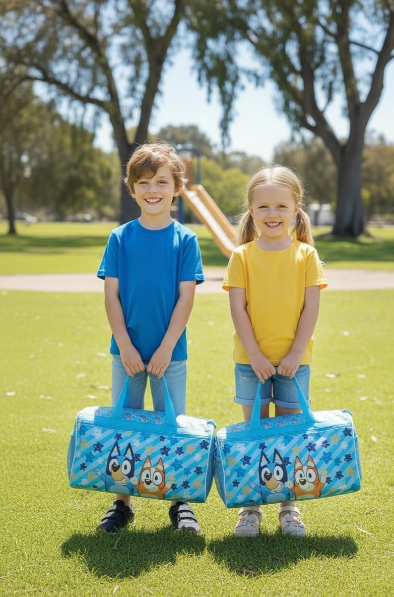 Bluey Kids Duffle Bag  Bluey & Bingo Travel Gym Bag with Adjustable Shoulder Strap, Mesh Side Pockets & Zipper Pocket