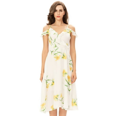 Boho 1 Boho Floral Print Dress, One Sight Sleeveless Halter Dress Ruffled Cold Shoulder Maxi Dress For Women White ()