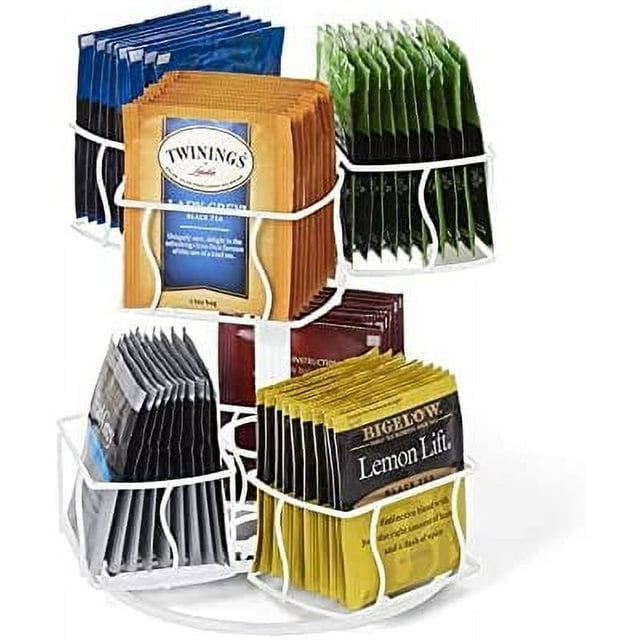 HAHDAXIA Carrousel Tournant pour Sachets de Thé Astucieux – 6 Compartiments, jusqu'à 60 Sachets de Thé, Rotation à 360 Degrés, Plateforme « Lazy Susan », Design Blanc Moderne, Organisation pour Comptoir de Cuisine à la Maison Ou au Bureau