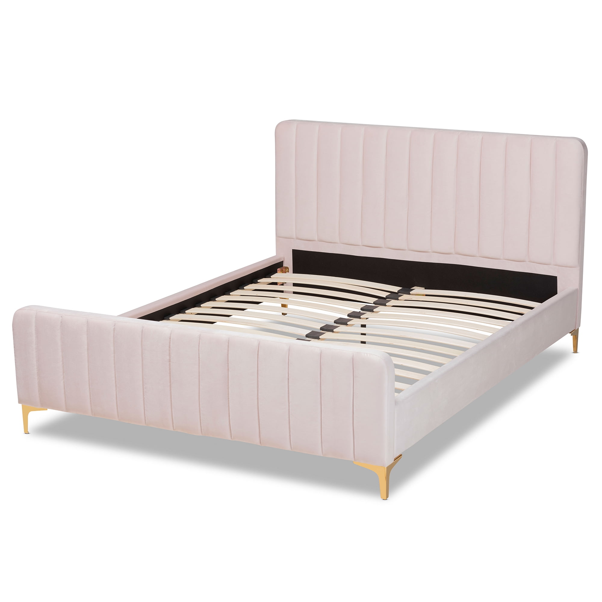 Baxton Studio Nami Full Size Channel Tufted Headboard Modern Platform Bed, Light Pink / Gold