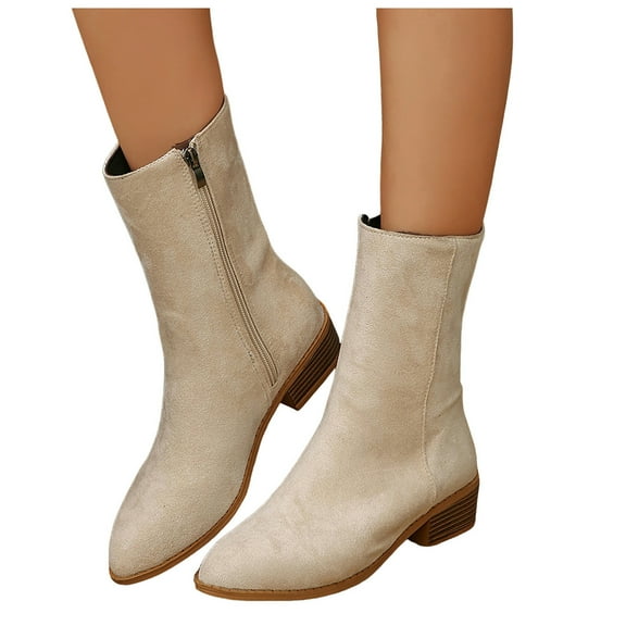 Suede Ankle Boots for Women Low Stacked Heeled Booties Casual Dressy Zipper Mid Calf Fall Boots