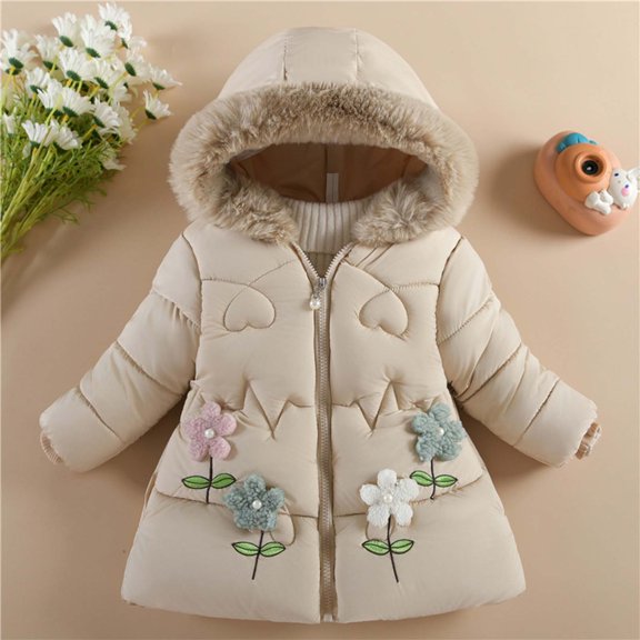 Hicidod Winter Jacket for Girls Fleece Line Hooded Fur Trim Down Coats Padded Widproof Warm Fashion Solid Color Outwear