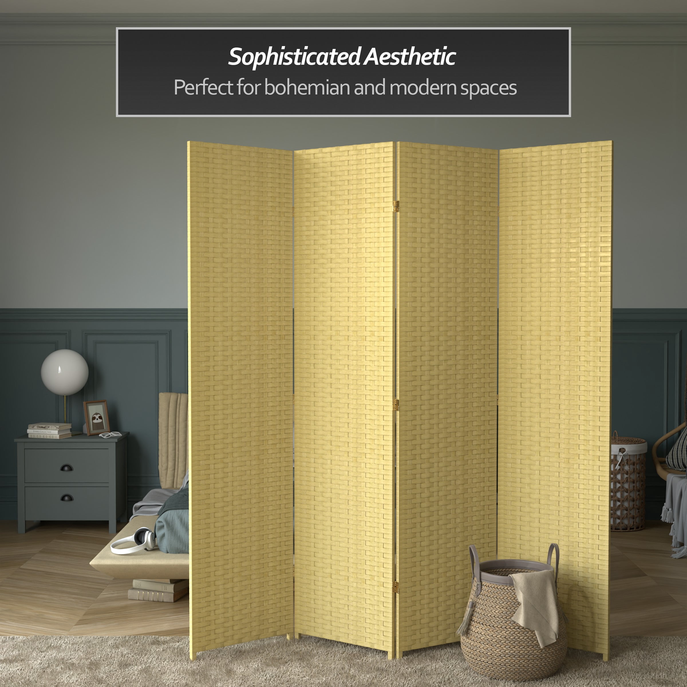 Red Lantern 7 ft. Tall Woven Fiber Folding Screen - Dark Beige - 4 Panel