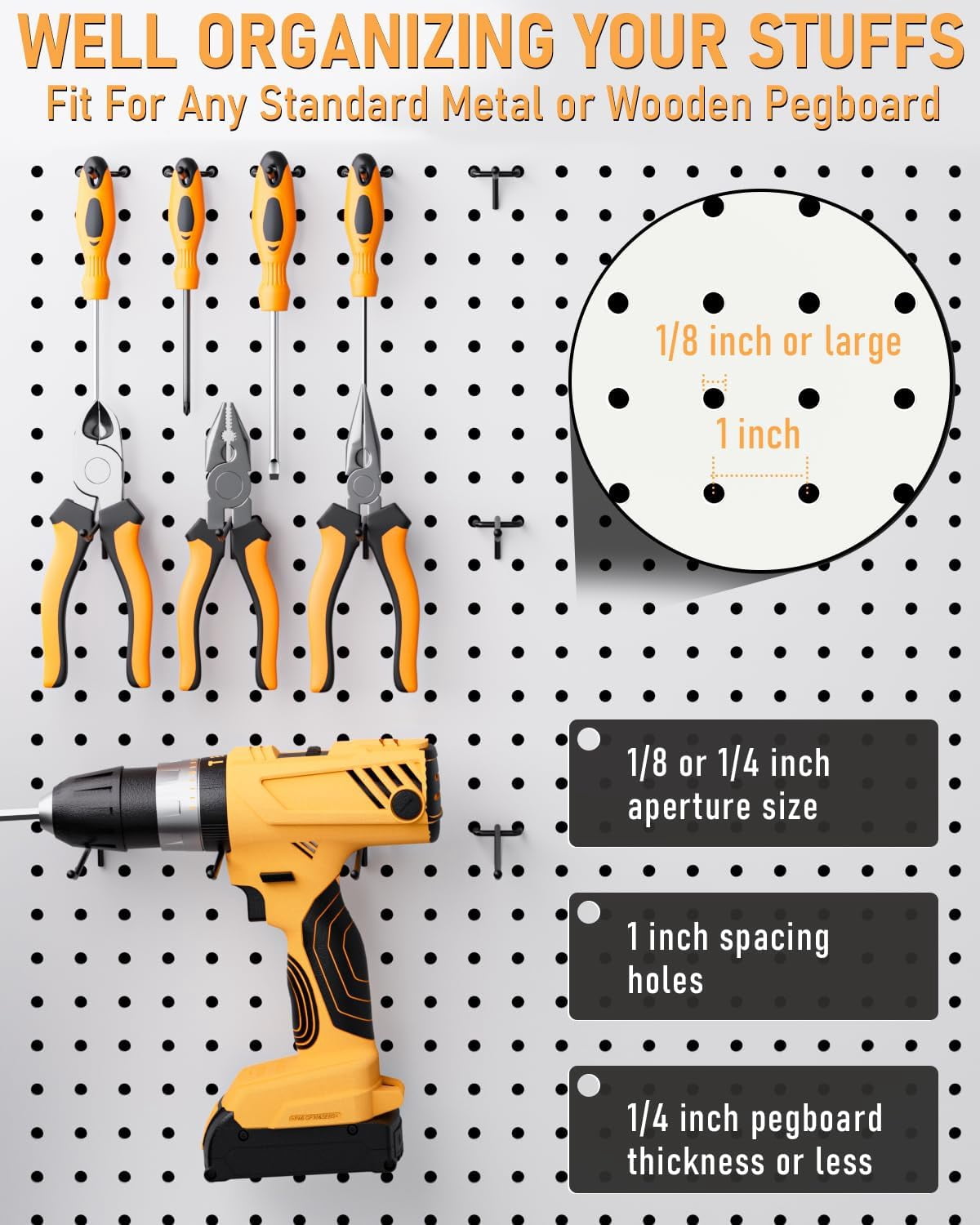 INCLY 120 pack Steel Pegboard Hooks, 4/6/8 inch Peg Board Shelving Hooks Accessories, Fit 1/8" & 1/4" Pegboard for Garage
