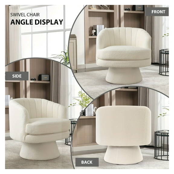 29" Modern Beige Swivel Accent Chair with Cozy Teddy Fabric and Channel Design