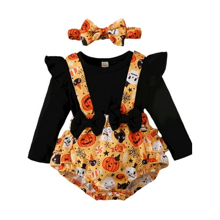 

Prettycamp Baby Girls Halloween Ruffle Sleeve Romper Suspender Skirt Headband Outfit Sets 9-12 Months