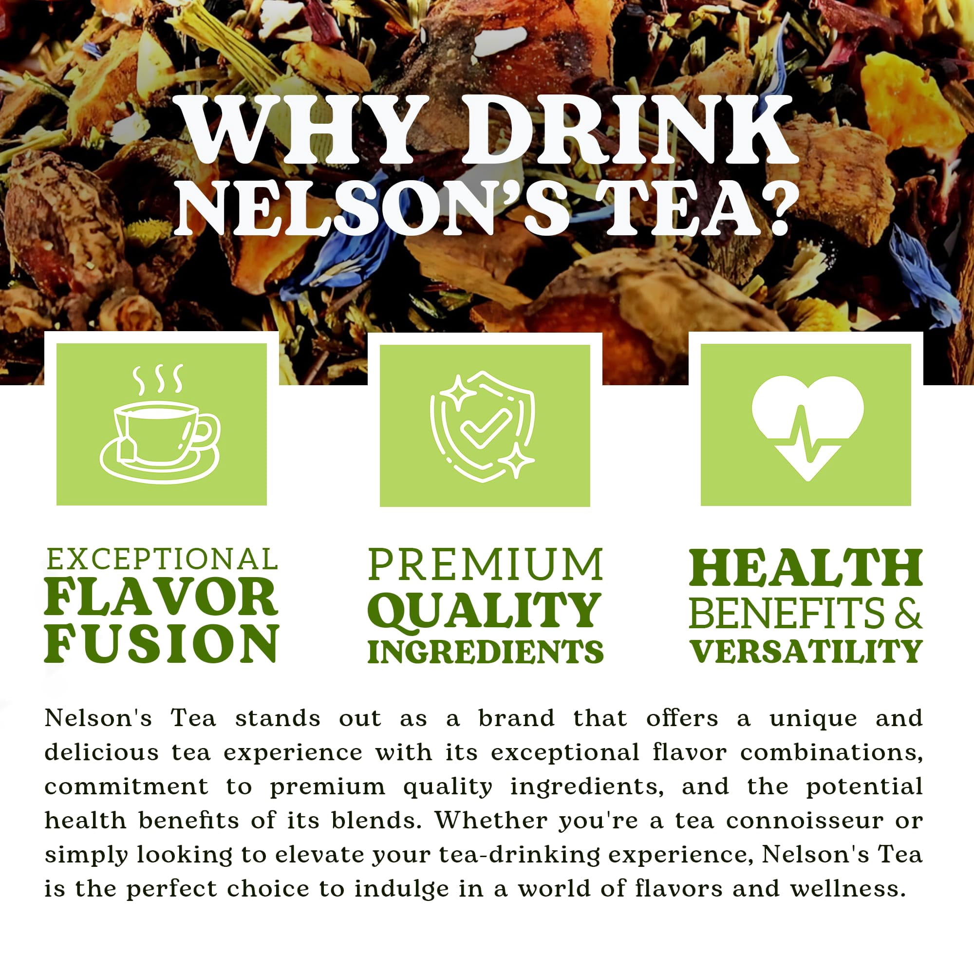 Nelson's Tea - Spiced Pear Loose Leaf Tea-Blend of Green Rooibos, Hibiscus, Rose Hips, Chicory Root, Chamomile, Dried Pears, Cornflowers, Cinnamon, Star Anise, Orange Peel, and Natural Flavors- 16oz