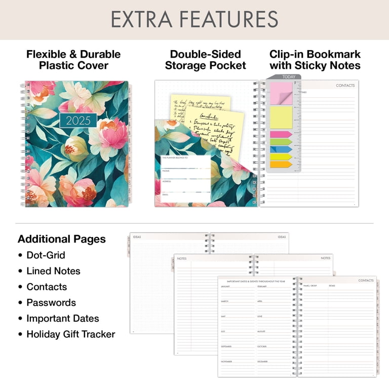 Hardcover 2025 Planner - 7x9 Teal Floral - 14 Month (Nov 2024-Dec 2025) Daily Weekly Monthly - With Bookmark & Sticky Notes