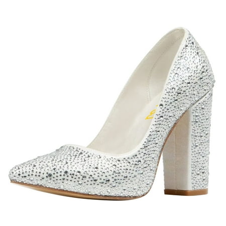 FSJ Women Chic Sparkly Rhinestone Studded Pointed Closed Toe Pumps Chunky Block High Heel Slip On Wedding Party Formal Shoes Size 5 Crystals