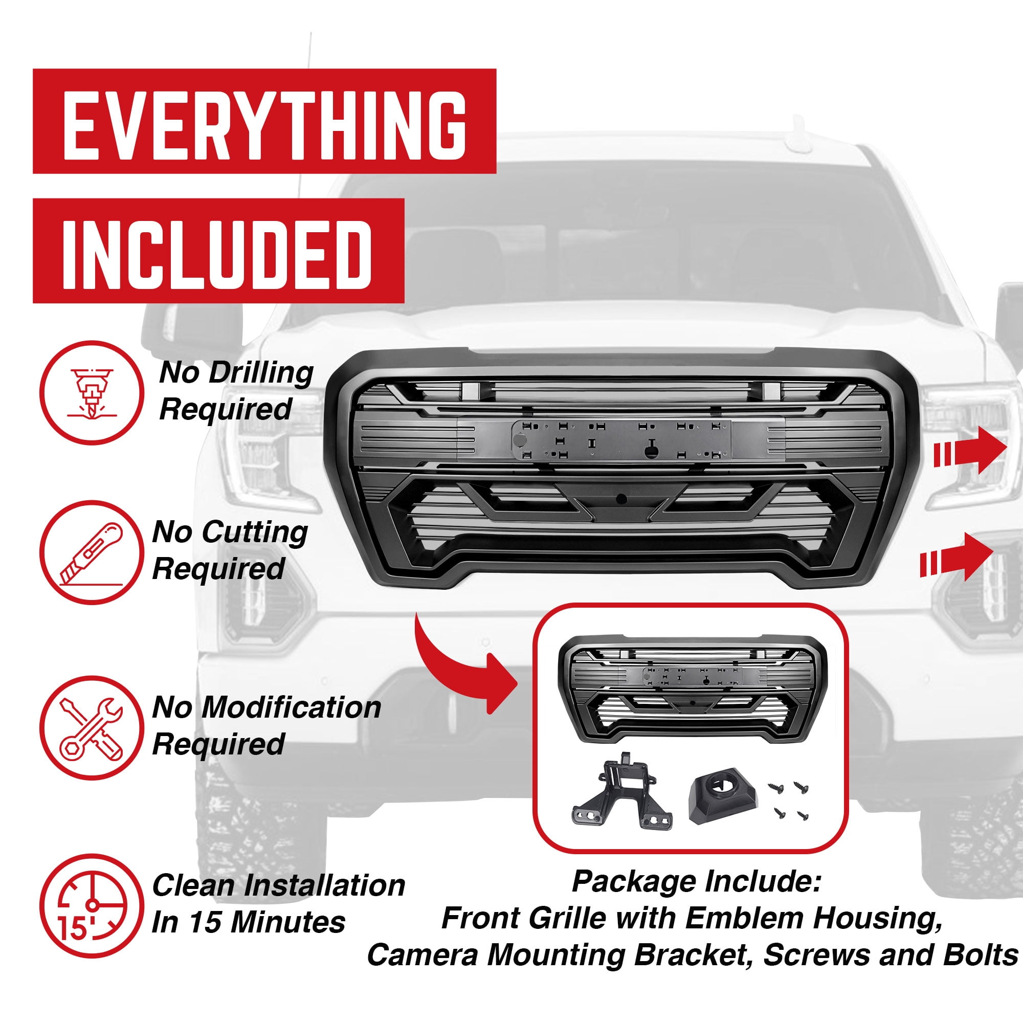 AMERICAN MODIFIED Grille w/ Emblem Base, 19-21 GMC Sierra 1500, Matte Black