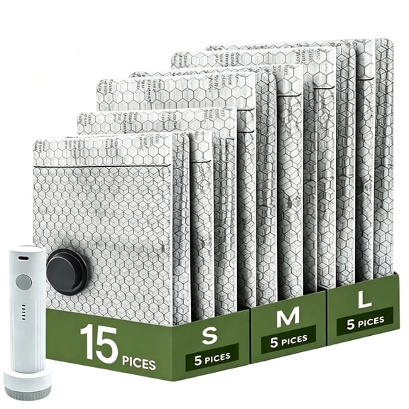 15pcsWireless Travel Vacuum Compression Bag Set With Rechargeable Electric Air Pump, Double-Row U-Zippers, Reusable, Suitable For Suitcases And Travel Bags.