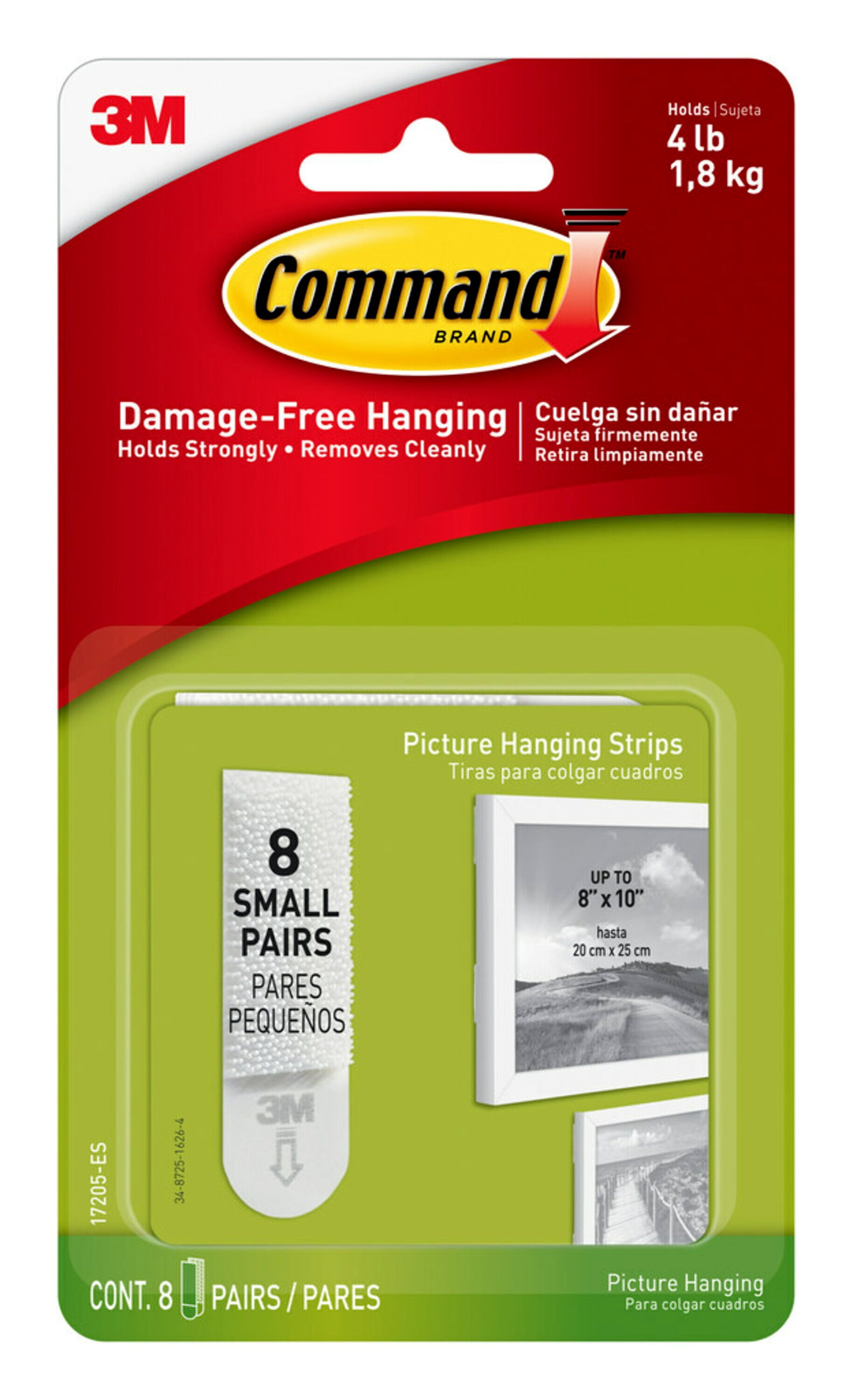 3M Command Picture Hanging Strips, Small, White, 8/Pkg.