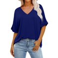 thumbnail image 2 of Womens Work Blouse Dressy Women's Loose Oversized Solid V-neck, Shoulder Length Short Sleeved T-shirt Top, 2 of 6
