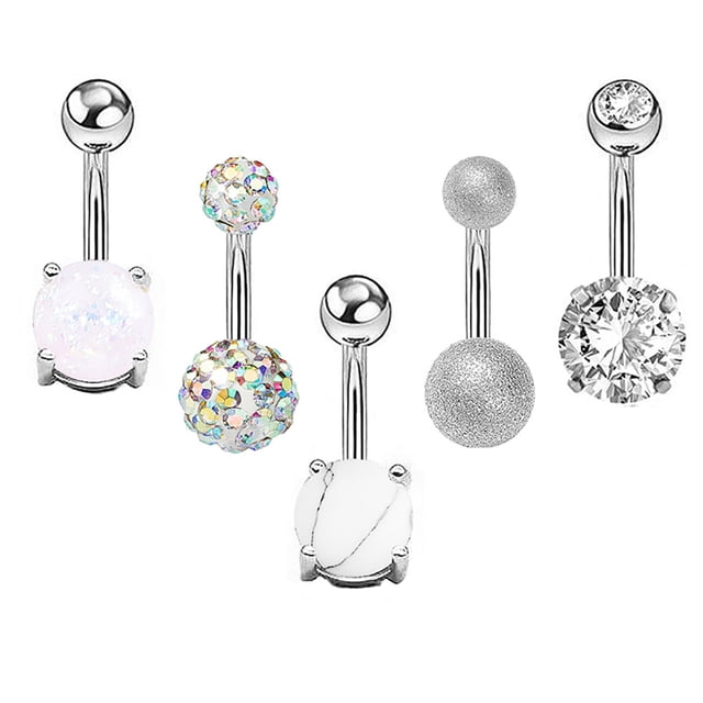 Conjunto de anillo de ombligo de circonio de acero inoxidable, joyería de anillo de perforación corporal de moda (5 piezas de plata)