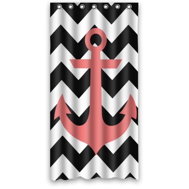 HelloDecor Anchor Black White Chevron Anchor Shower Curtain Polyester