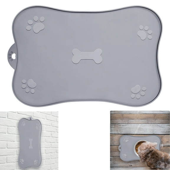Dog Food Mat Bowl Mat for Floors Waterproof Silicone Cat Feeding Mat for Food and Water Pet Placemat Non Spill Puppy Dish Tray Non Slip Bone Shaped Small Medium Large - Gray