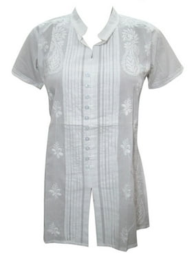 Mogul Women's Kurta Mandarin Collar White Floral Embroidered Tunic Top Shirt S