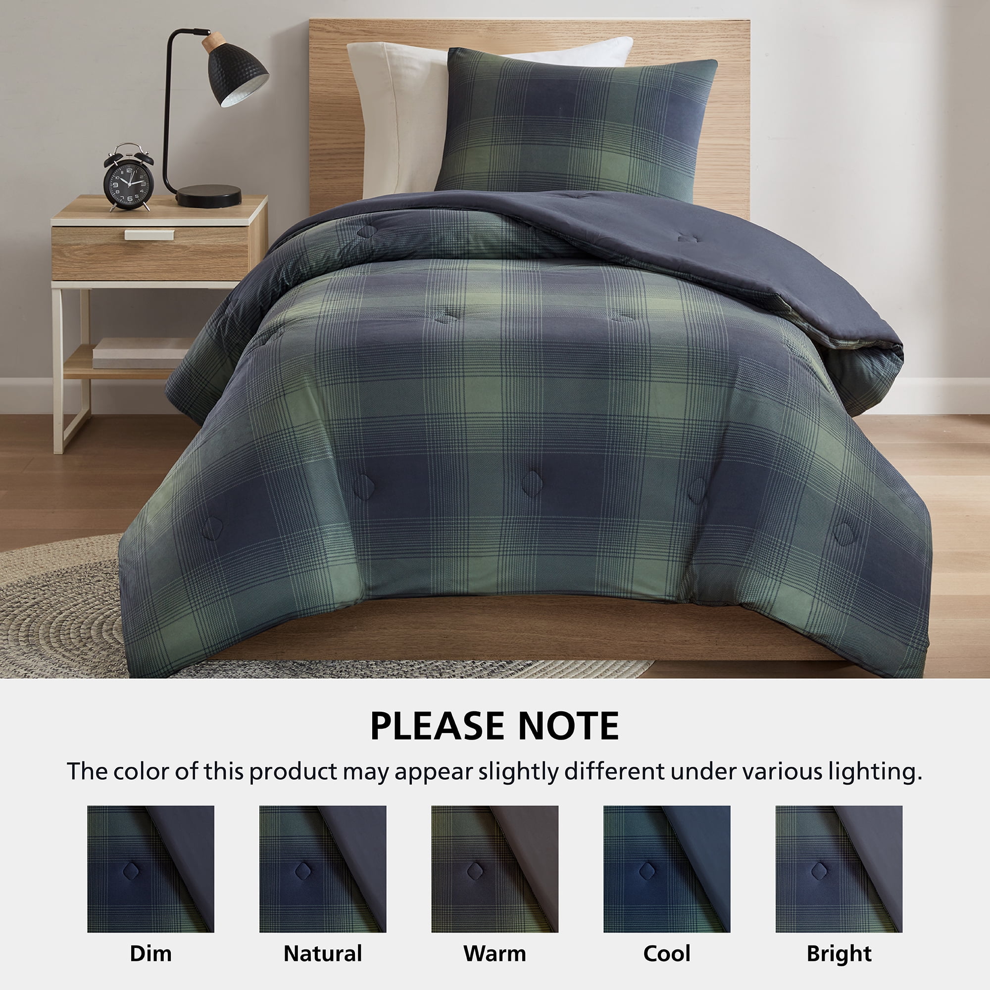 Mainstays Shadow Plaid 2-Piece Green Comforter Set, Twin/Twin XL
