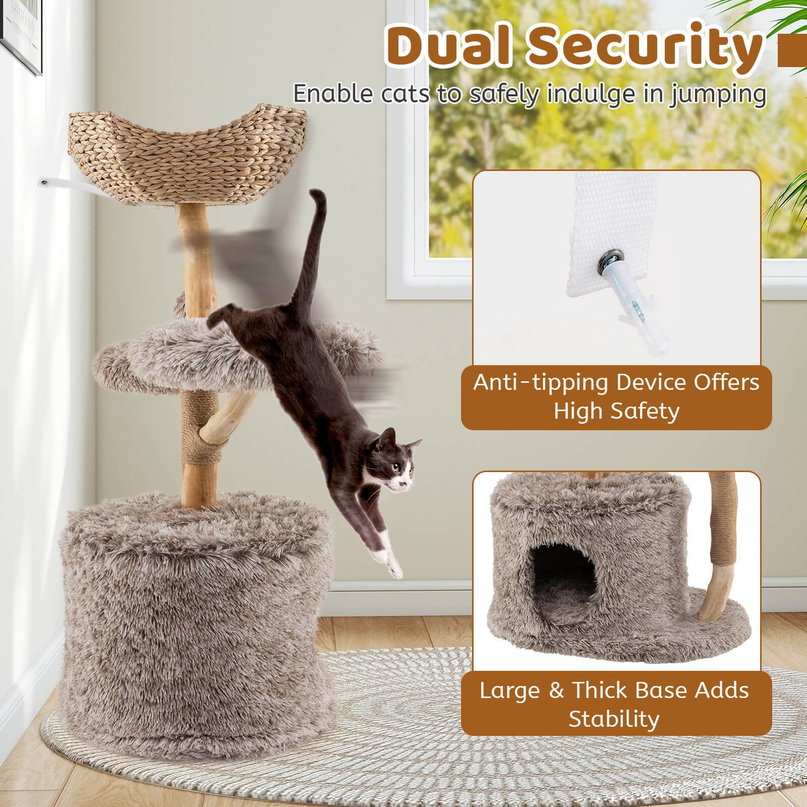 Costway Solid Wood Cat Tree with Well-woven Cattail Basket Luxury Condo Scratching Posts