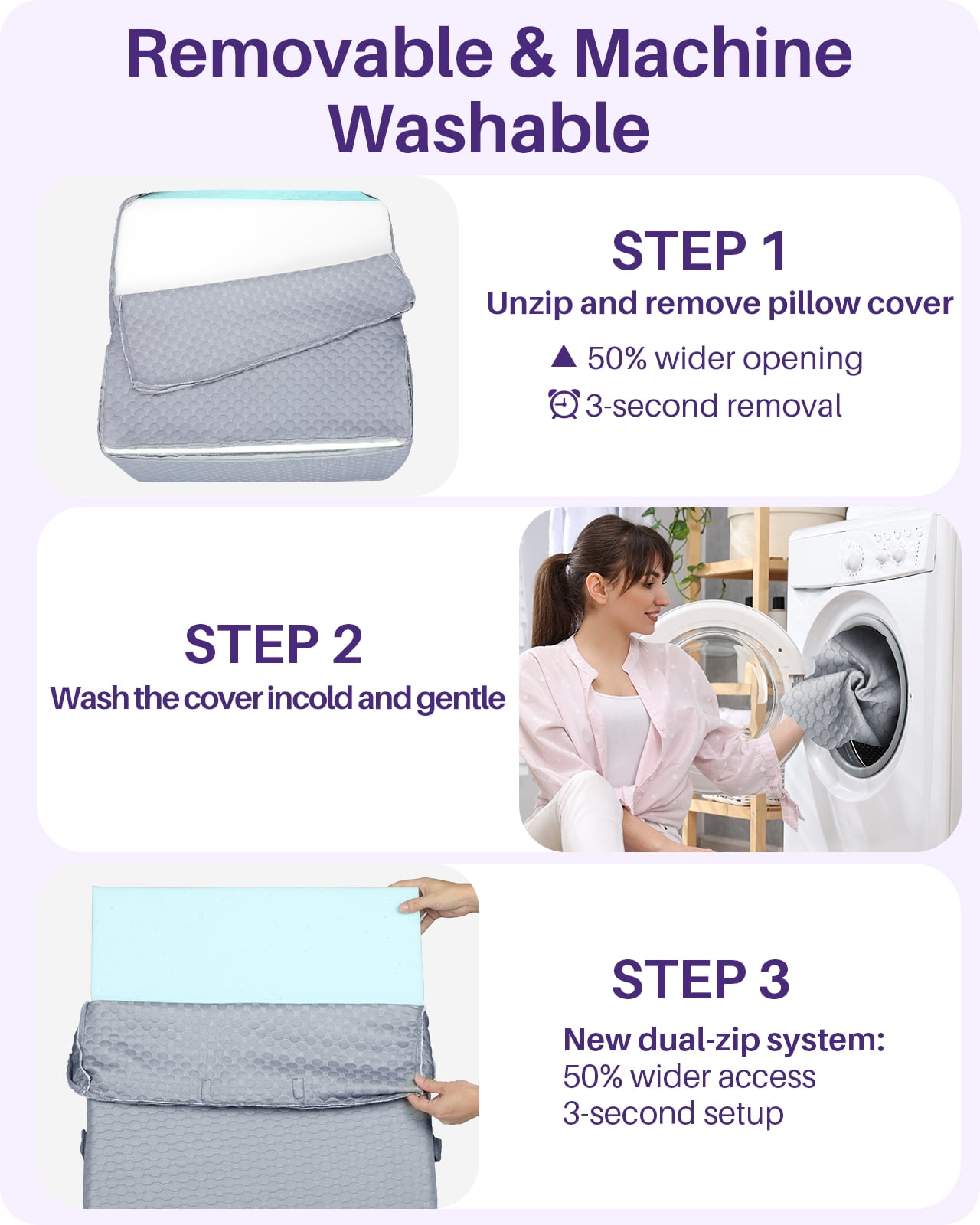 (2 pack) KEKOY Bed Wedge Pillow for Sleeping, Adjustable Height to 9-12 inches, Memory Foam Pillows with Washable Cover, Gray