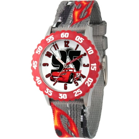 Disney Cars Lightning McQueen Boys' Stainless Steel Time Teacher Watch, Red Bezel, Grey Fabric Strap with Printing